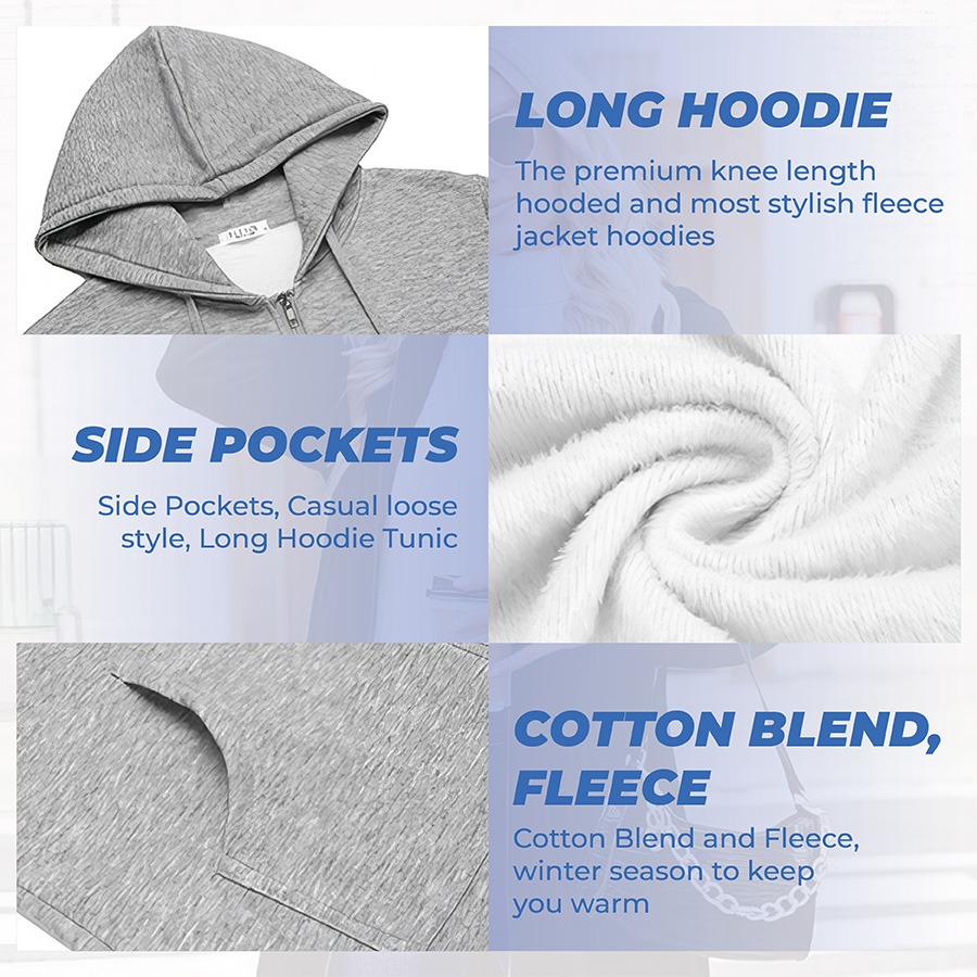🎉 New Year Sale 50% OFF🎉 Long Fleece Zip-Up Hoodie Jacket for Women – Warm Knee-Length Winter Sweatshirt with Pockets