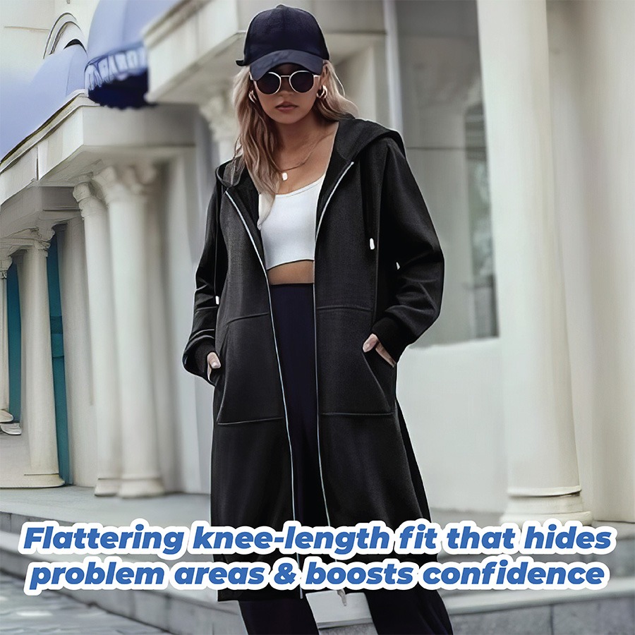 🎉 New Year Sale 50% OFF🎉 Long Fleece Zip-Up Hoodie Jacket for Women – Warm Knee-Length Winter Sweatshirt with Pockets