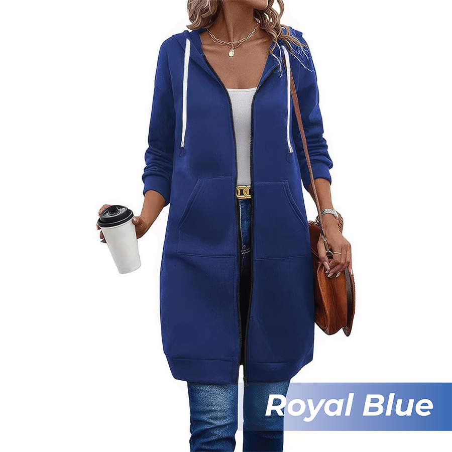 🎉 New Year Sale 50% OFF🎉 Long Fleece Zip-Up Hoodie Jacket for Women – Warm Knee-Length Winter Sweatshirt with Pockets