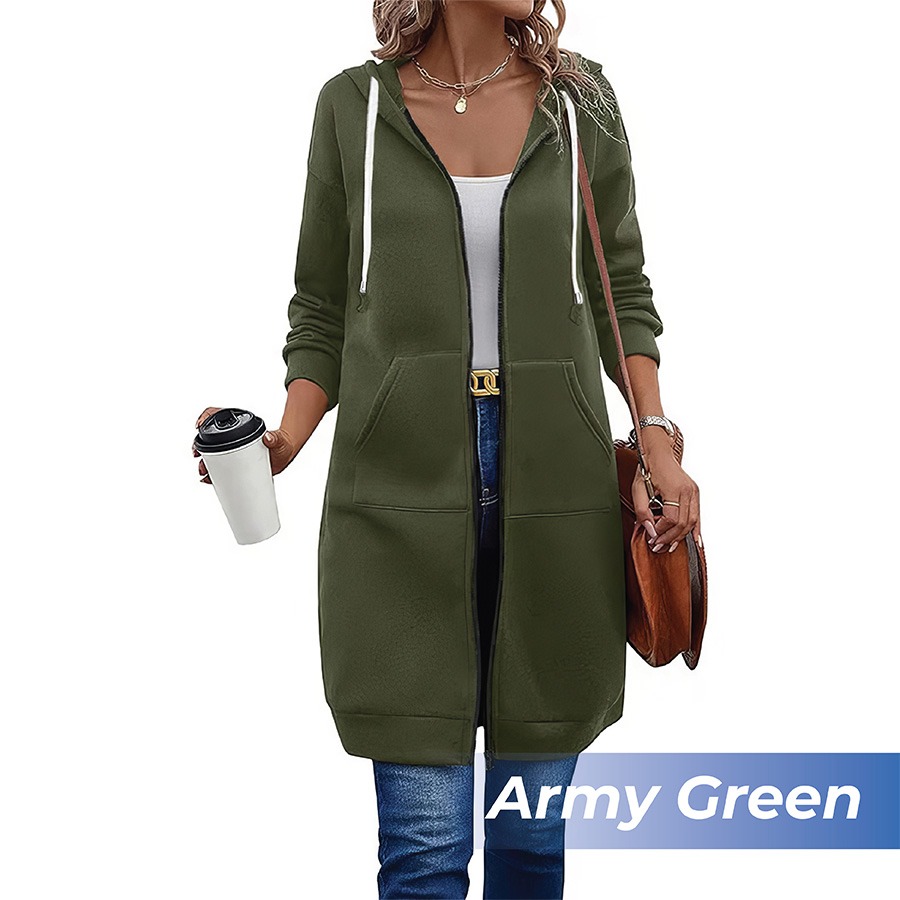 🎉 New Year Sale 50% OFF🎉 Long Fleece Zip-Up Hoodie Jacket for Women – Warm Knee-Length Winter Sweatshirt with Pockets