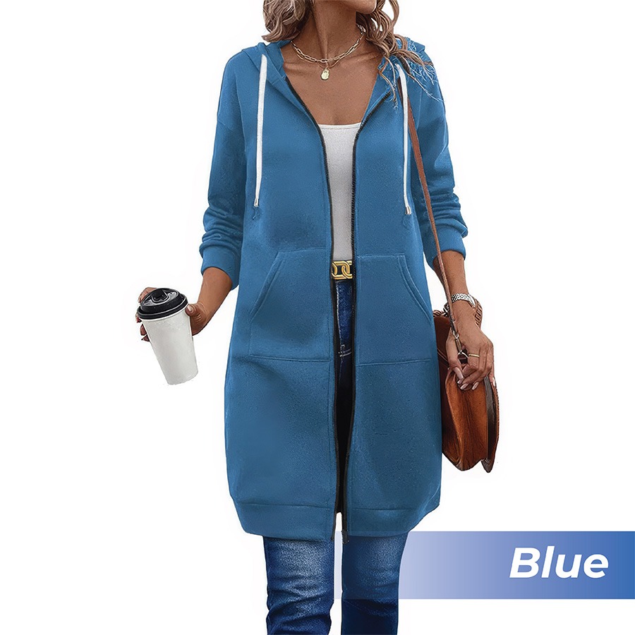 🎉 New Year Sale 50% OFF🎉 Long Fleece Zip-Up Hoodie Jacket for Women – Warm Knee-Length Winter Sweatshirt with Pockets