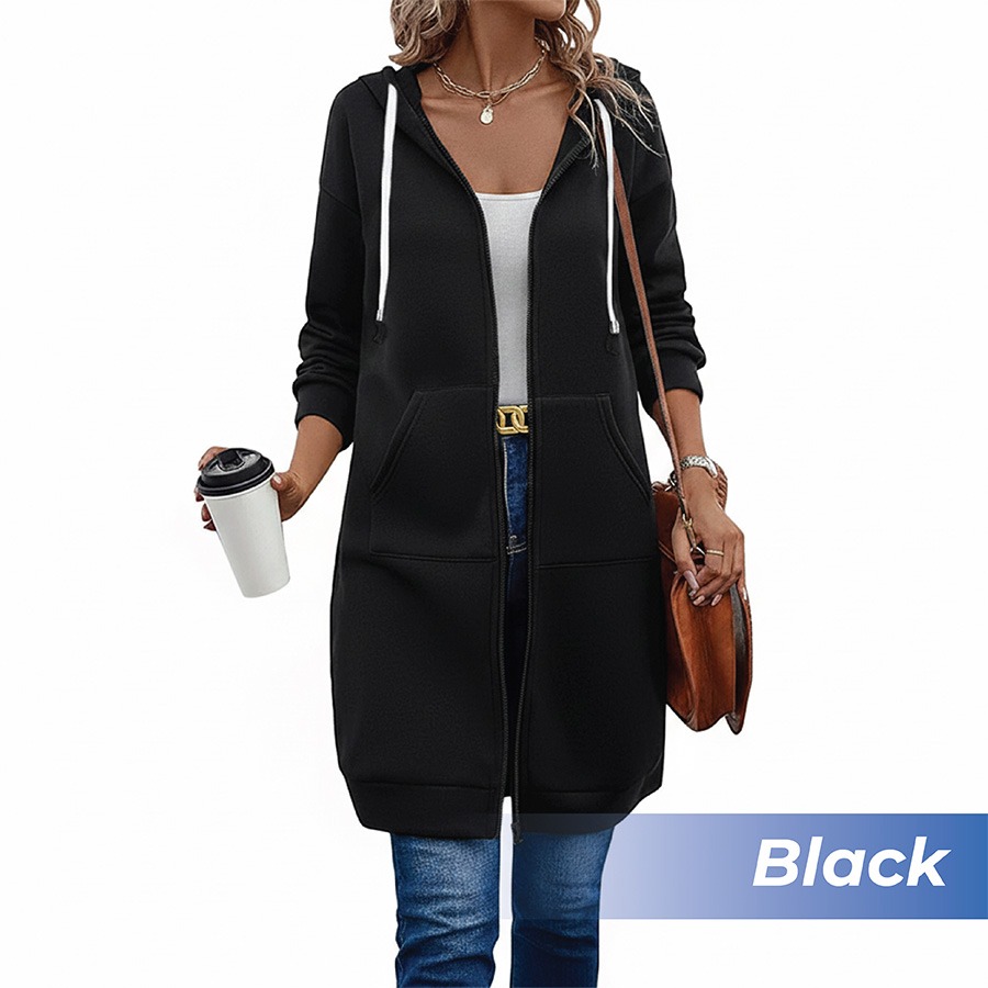 🎉 New Year Sale 50% OFF🎉 Long Fleece Zip-Up Hoodie Jacket for Women – Warm Knee-Length Winter Sweatshirt with Pockets
