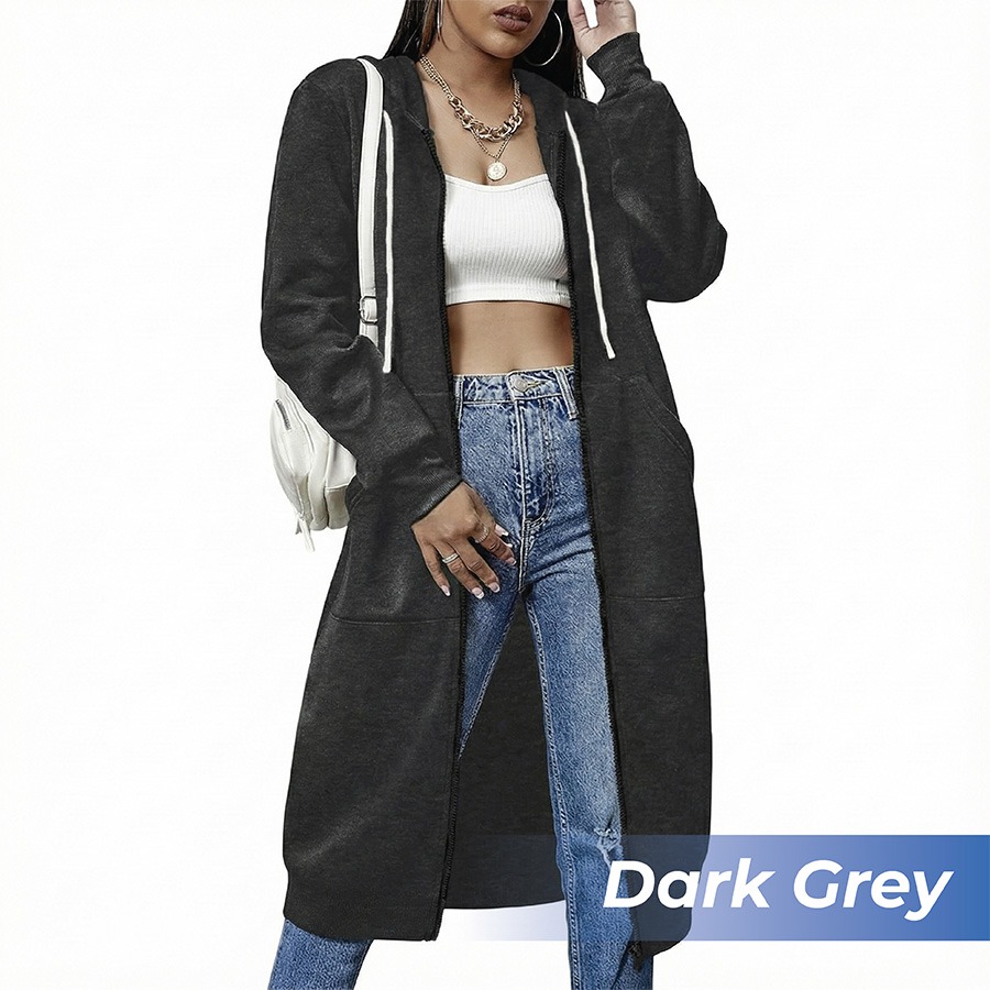 🎉 New Year Sale 50% OFF🎉 Long Fleece Zip-Up Hoodie Jacket for Women – Warm Knee-Length Winter Sweatshirt with Pockets