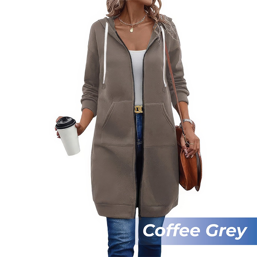 🎉 New Year Sale 50% OFF🎉 Long Fleece Zip-Up Hoodie Jacket for Women – Warm Knee-Length Winter Sweatshirt with Pockets