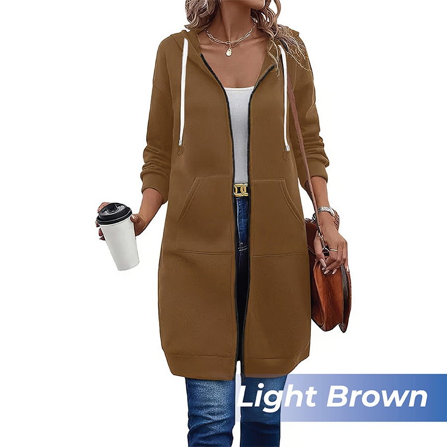 🎉 New Year Sale 50% OFF🎉 Long Fleece Zip-Up Hoodie Jacket for Women – Warm Knee-Length Winter Sweatshirt with Pockets