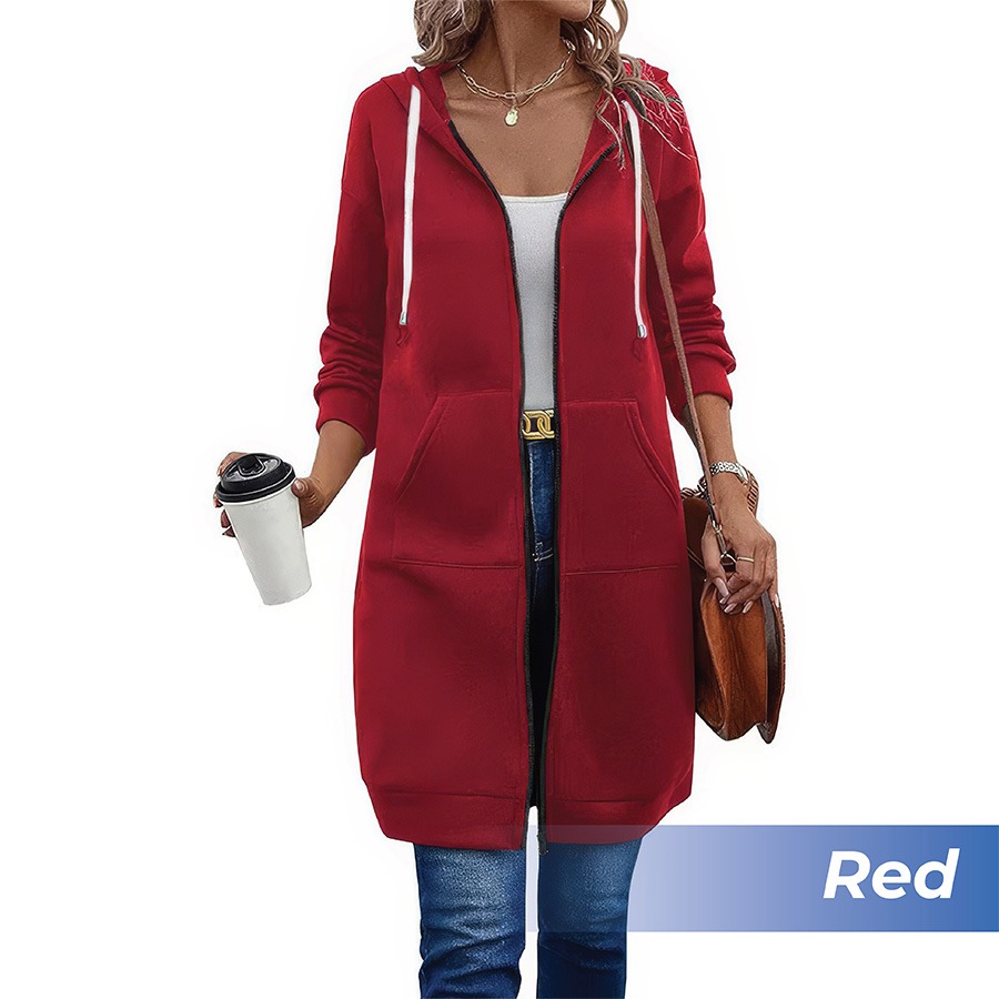 🎉 New Year Sale 50% OFF🎉 Long Fleece Zip-Up Hoodie Jacket for Women – Warm Knee-Length Winter Sweatshirt with Pockets