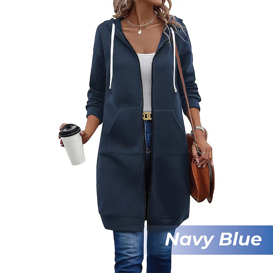 🎉 New Year Sale 50% OFF🎉 Long Fleece Zip-Up Hoodie Jacket for Women – Warm Knee-Length Winter Sweatshirt with Pockets