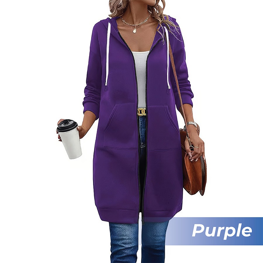 🎉 New Year Sale 50% OFF🎉 Long Fleece Zip-Up Hoodie Jacket for Women – Warm Knee-Length Winter Sweatshirt with Pockets