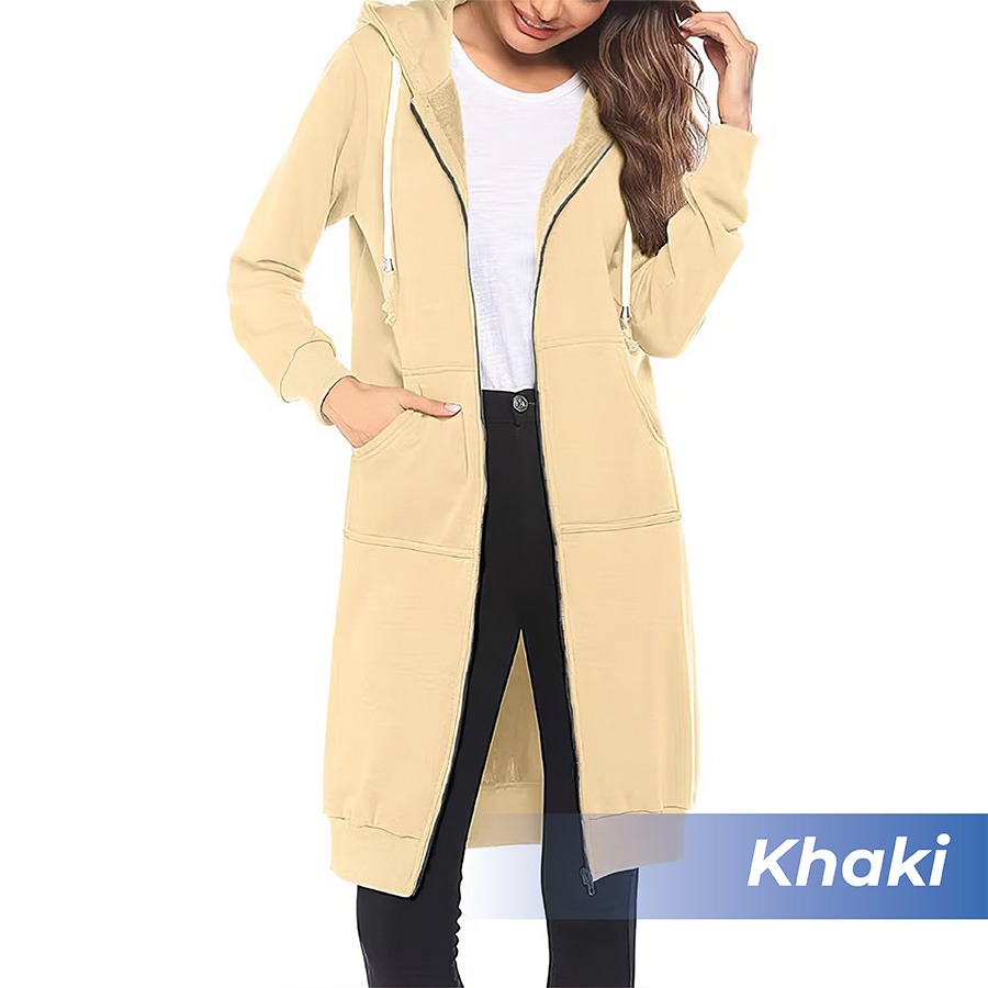 🎉 New Year Sale 50% OFF🎉 Long Fleece Zip-Up Hoodie Jacket for Women – Warm Knee-Length Winter Sweatshirt with Pockets