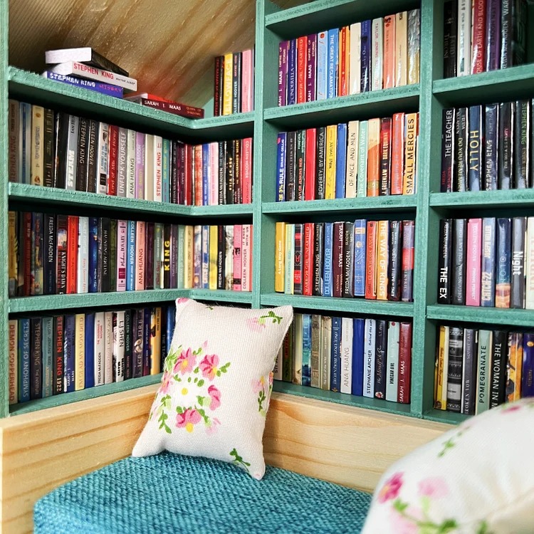 Handcrafted Mini Room Box Detailed Wooden Scene With 200+ Mini Books and 2 Cushions