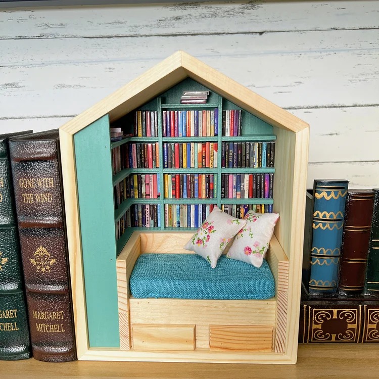 Handcrafted Mini Room Box Detailed Wooden Scene With 200+ Mini Books and 2 Cushions