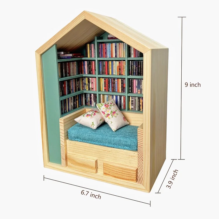 Handcrafted Mini Room Box Detailed Wooden Scene With 200+ Mini Books and 2 Cushions
