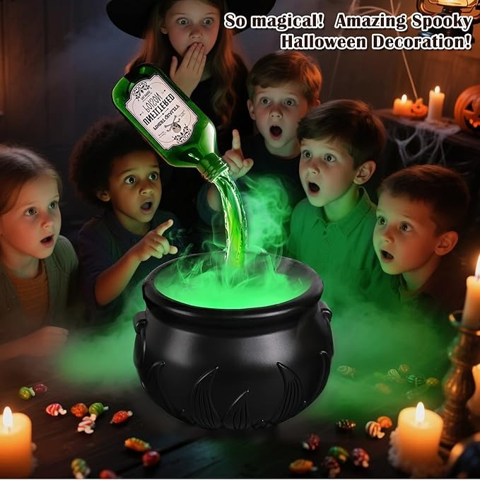 Halloween Cauldron Decor with Floating Potion Bottles & Diffuser – Spooky Party Table Decoration
