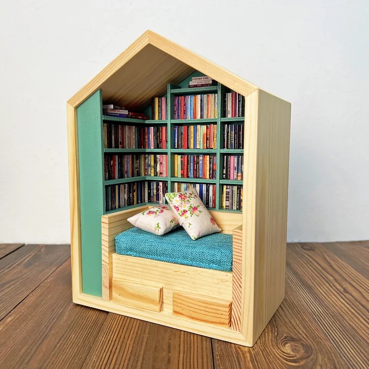 Handcrafted Mini Room Box Detailed Wooden Scene With 200+ Mini Books and 2 Cushions