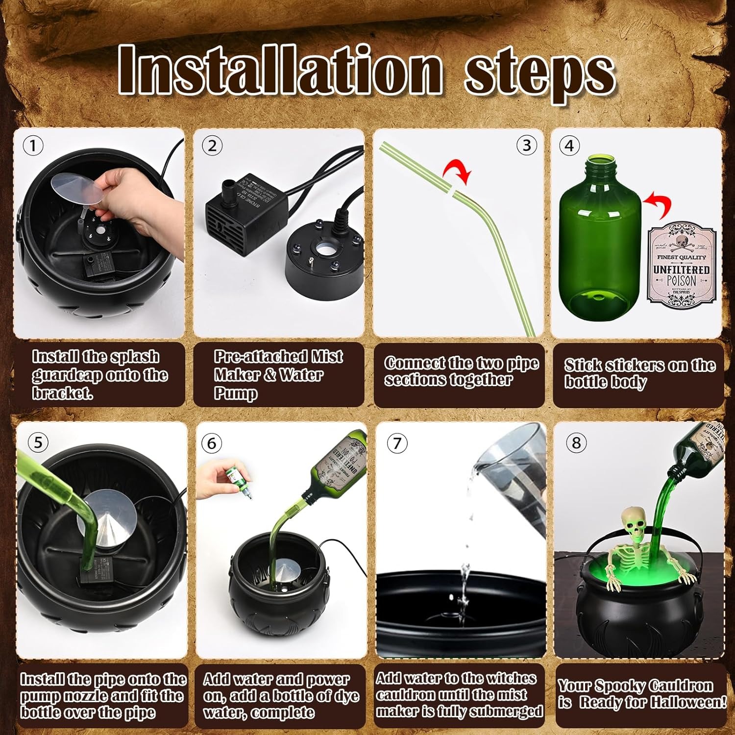 Halloween Cauldron Decor with Floating Potion Bottles & Diffuser – Spooky Party Table Decoration