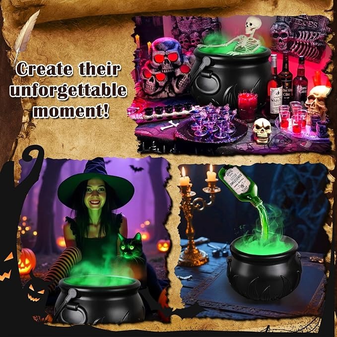 Halloween Cauldron Decor with Floating Potion Bottles & Diffuser – Spooky Party Table Decoration