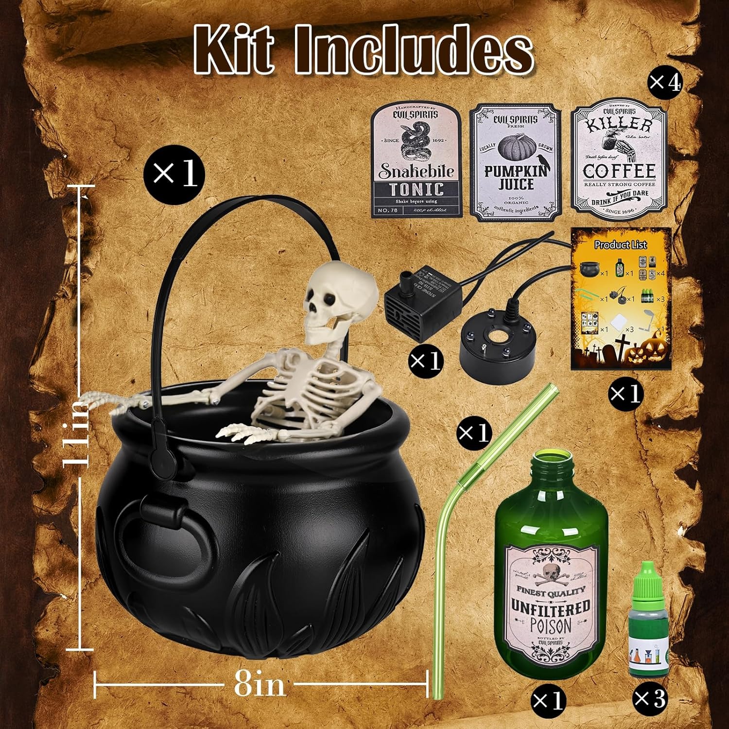 Halloween Cauldron Decor with Floating Potion Bottles & Diffuser – Spooky Party Table Decoration