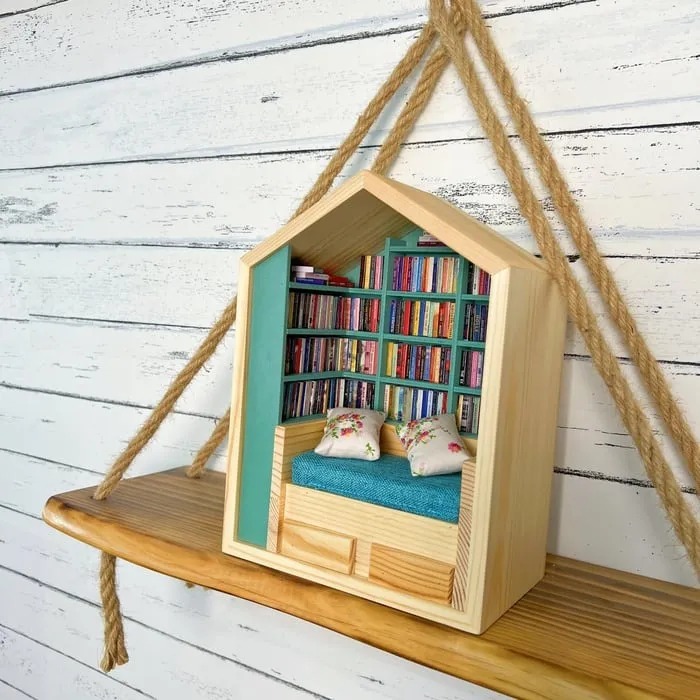 Handcrafted Mini Room Box Detailed Wooden Scene With 200+ Mini Books and 2 Cushions