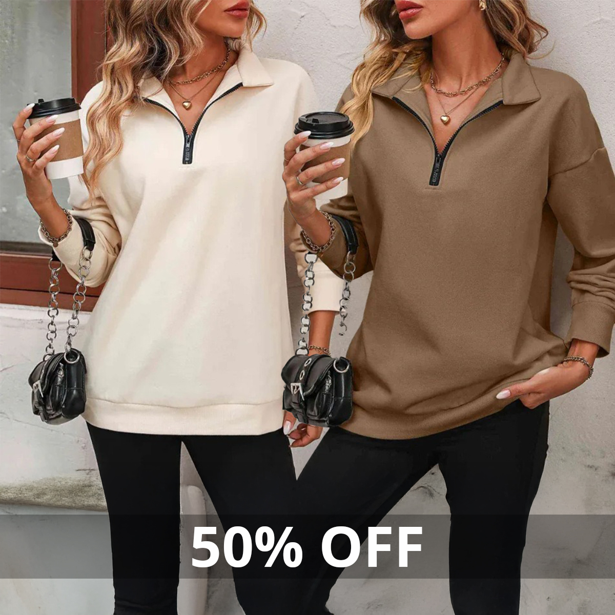 ⏰Hot Sale-Womens Zip-Up Dropped Shoulder Sweatshirt