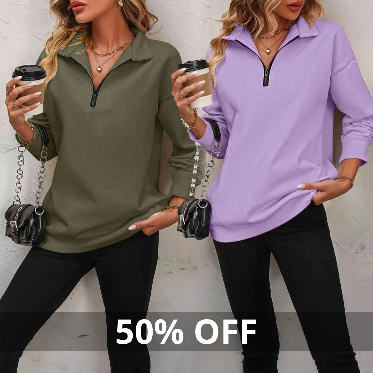 ⏰Hot Sale-Womens Zip-Up Dropped Shoulder Sweatshirt