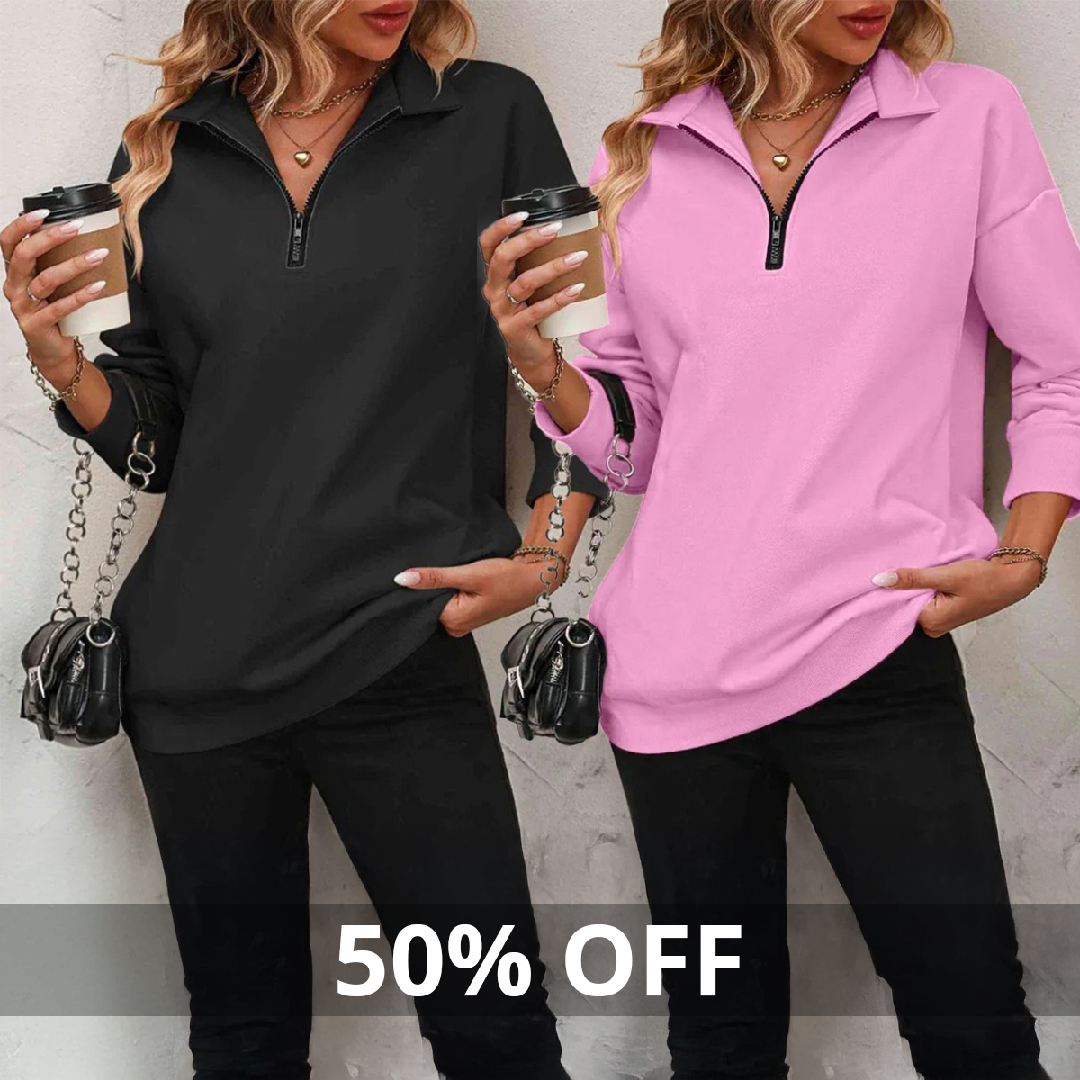 ⏰Hot Sale-Womens Zip-Up Dropped Shoulder Sweatshirt