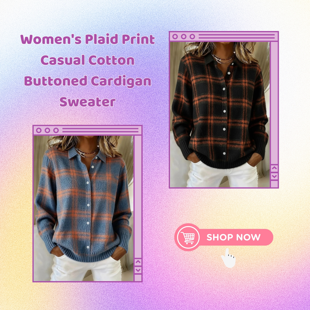 ✨CLEARANCE SALE 45% OFF🔥 Women’s Plaid Print Casual Cotton Buttoned Cardigan Sweater