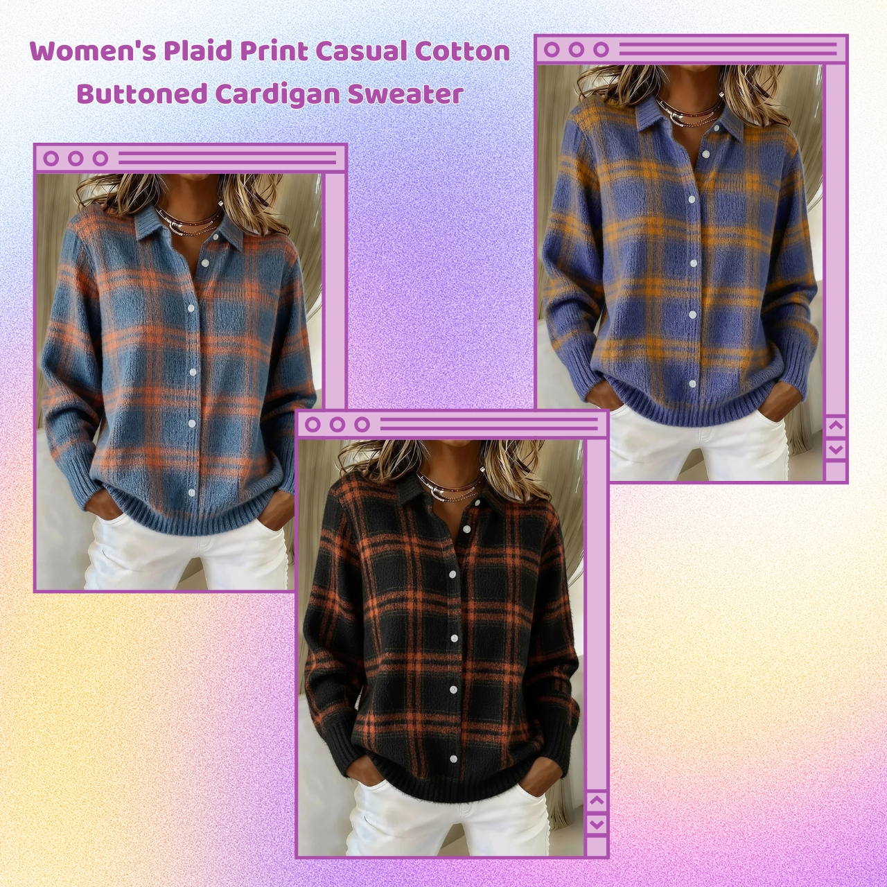 ✨CLEARANCE SALE 45% OFF🔥 Women’s Plaid Print Casual Cotton Buttoned Cardigan Sweater