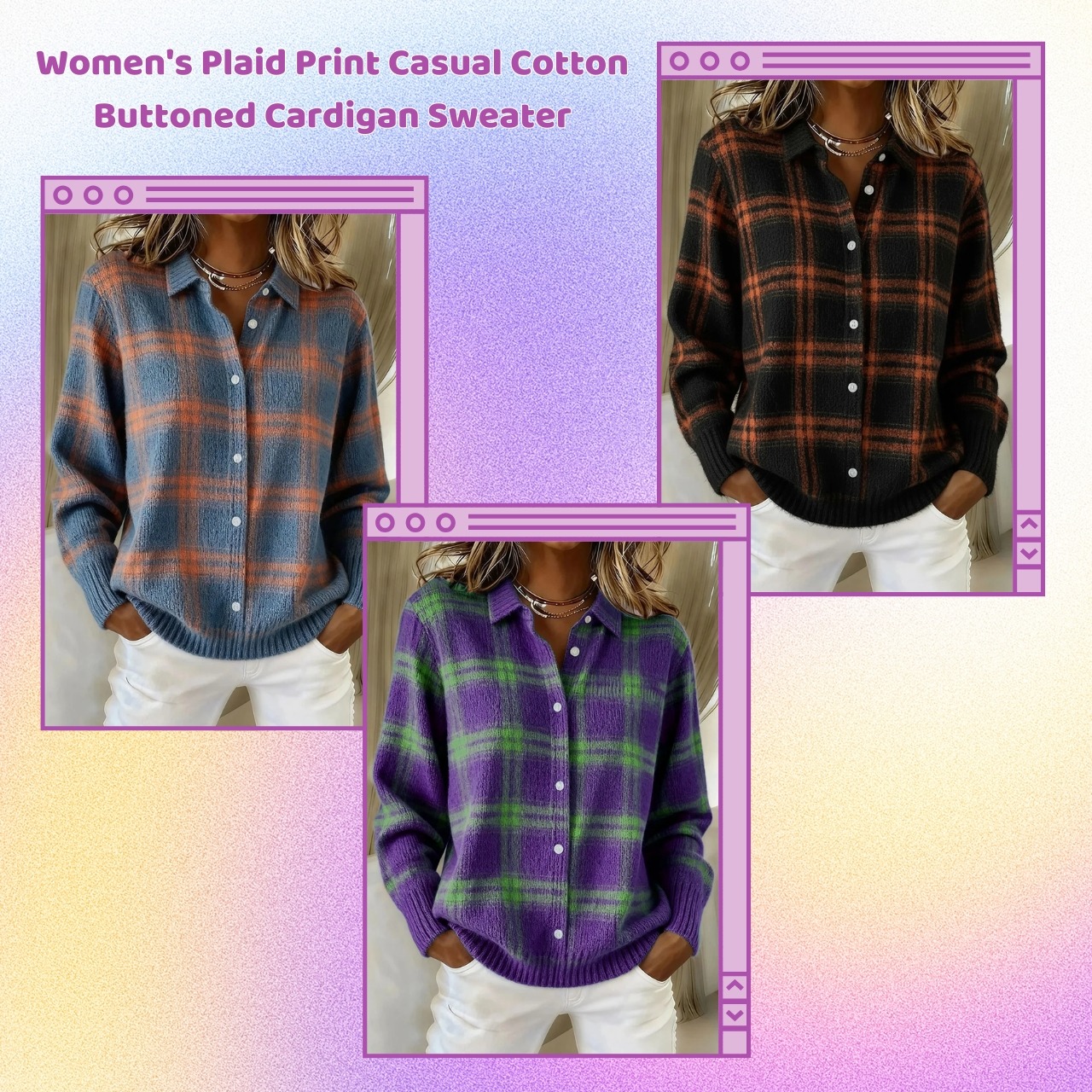 ✨CLEARANCE SALE 45% OFF🔥 Women’s Plaid Print Casual Cotton Buttoned Cardigan Sweater