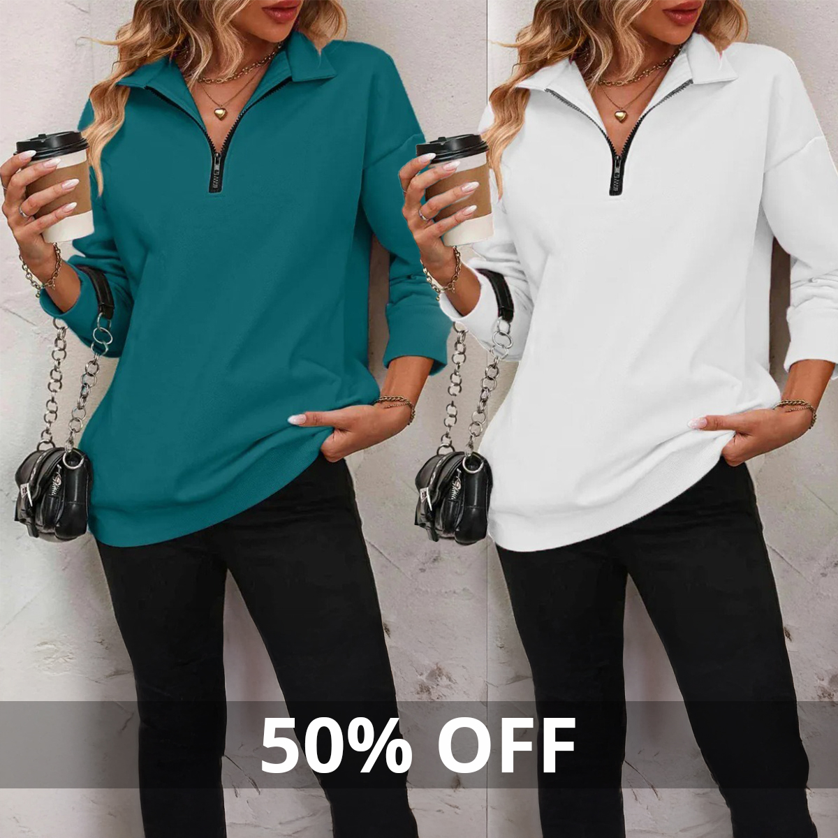 ⏰Hot Sale-Womens Zip-Up Dropped Shoulder Sweatshirt