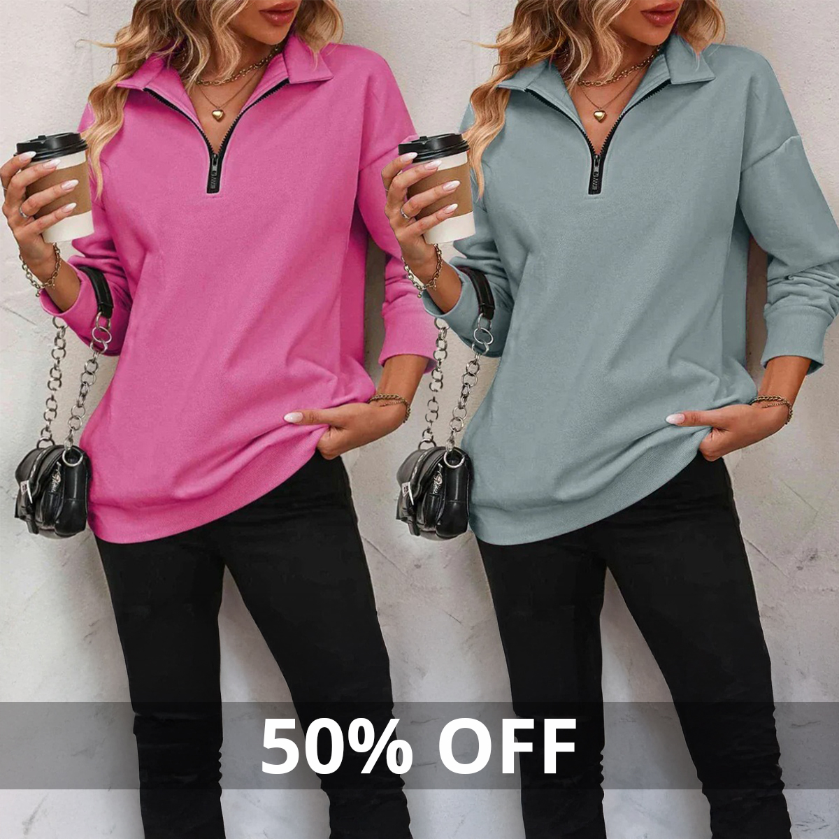 ⏰Hot Sale-Womens Zip-Up Dropped Shoulder Sweatshirt