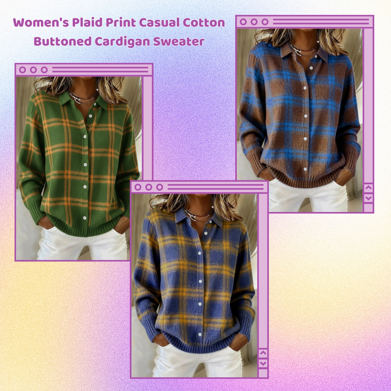 ✨CLEARANCE SALE 45% OFF🔥 Women’s Plaid Print Casual Cotton Buttoned Cardigan Sweater