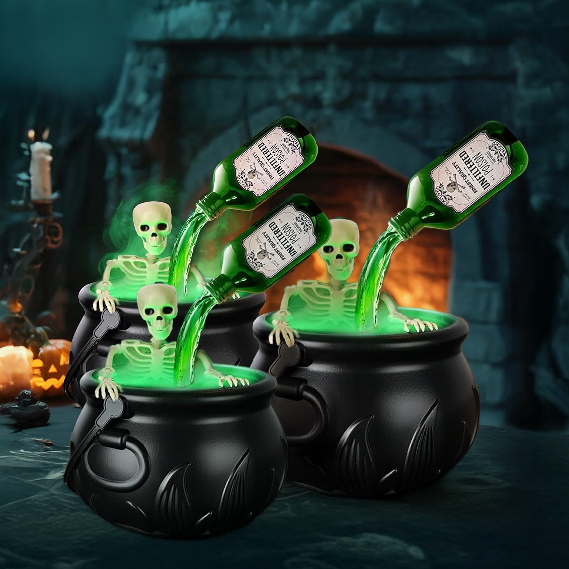 Halloween Cauldron Decor with Floating Potion Bottles & Diffuser – Spooky Party Table Decoration