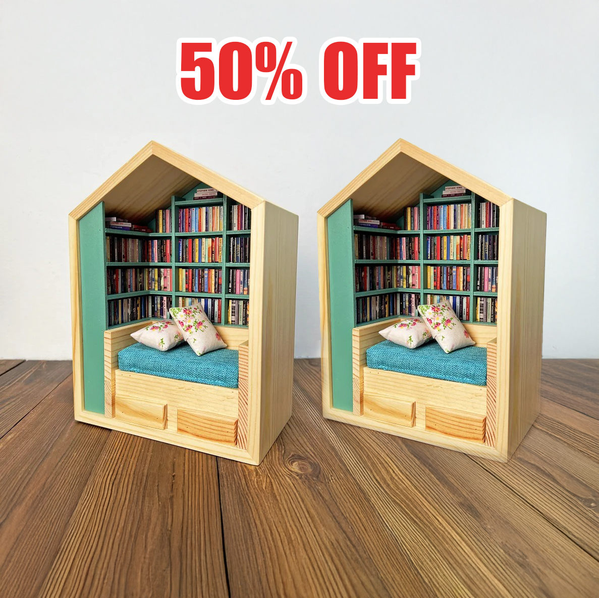 Handcrafted Mini Room Box Detailed Wooden Scene With 200+ Mini Books and 2 Cushions