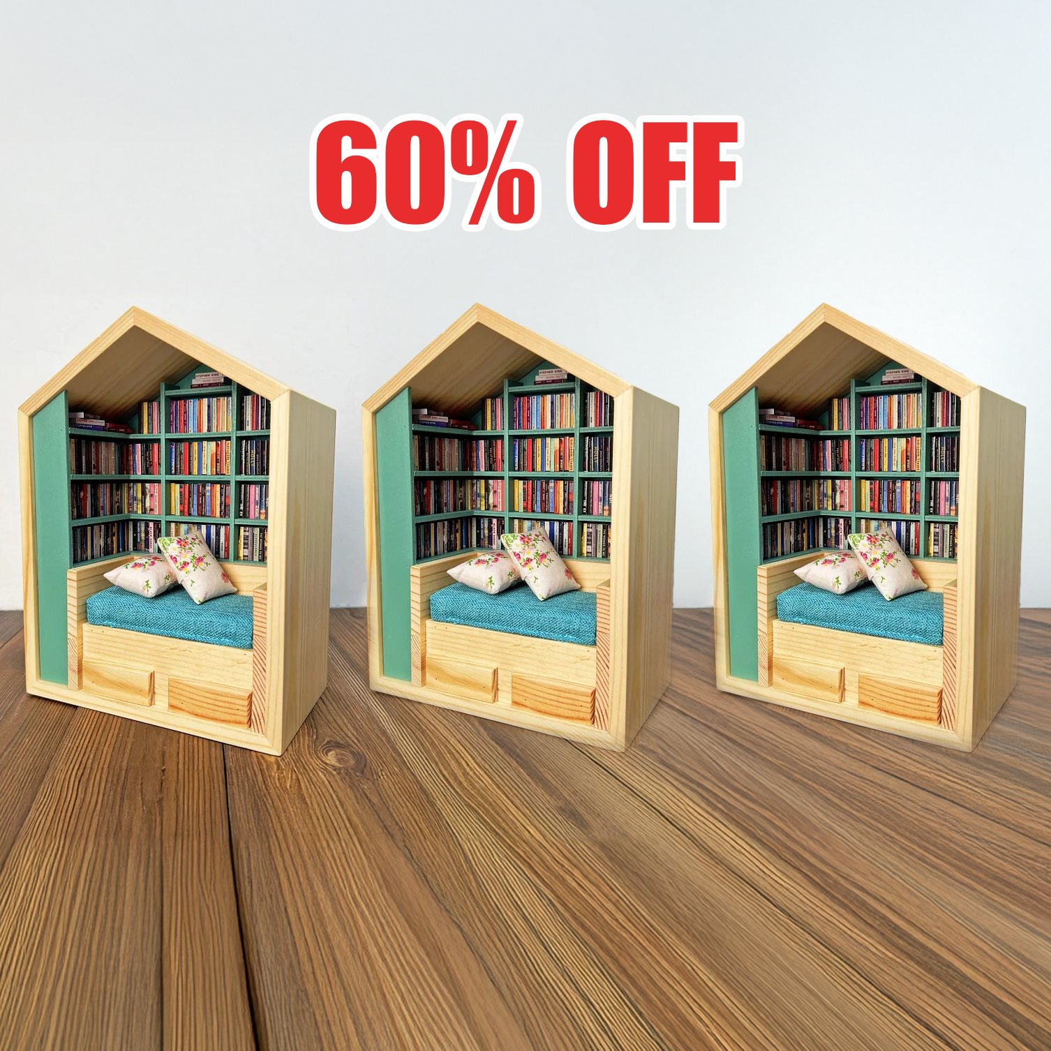 Handcrafted Mini Room Box Detailed Wooden Scene With 200+ Mini Books and 2 Cushions