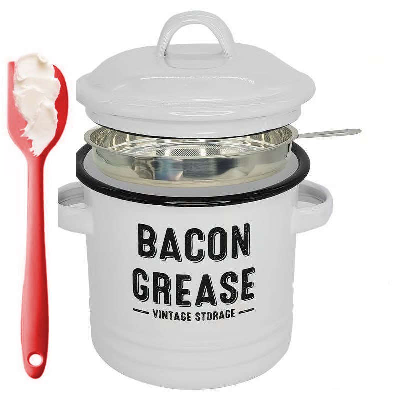 Top Christmas Gift 2025 🎅-46 oz bacon grease container with strainer and food-grade silicone spatula