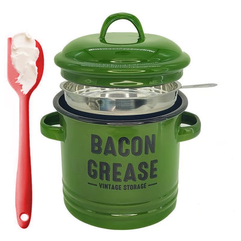 Top Christmas Gift 2025 🎅-46 oz bacon grease container with strainer and food-grade silicone spatula