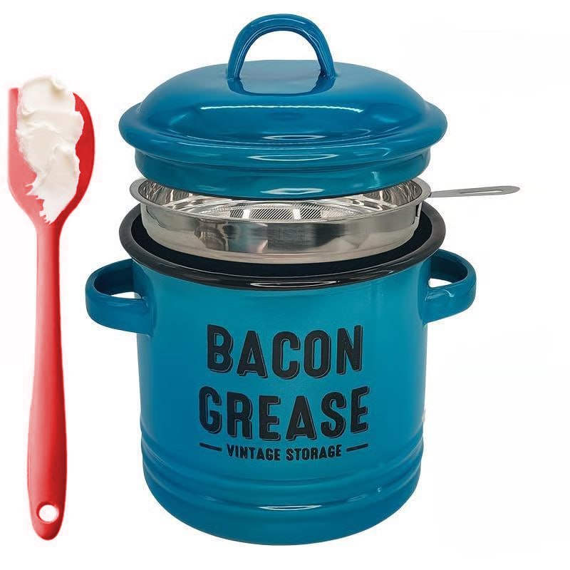 Top Christmas Gift 2025 🎅-46 oz bacon grease container with strainer and food-grade silicone spatula