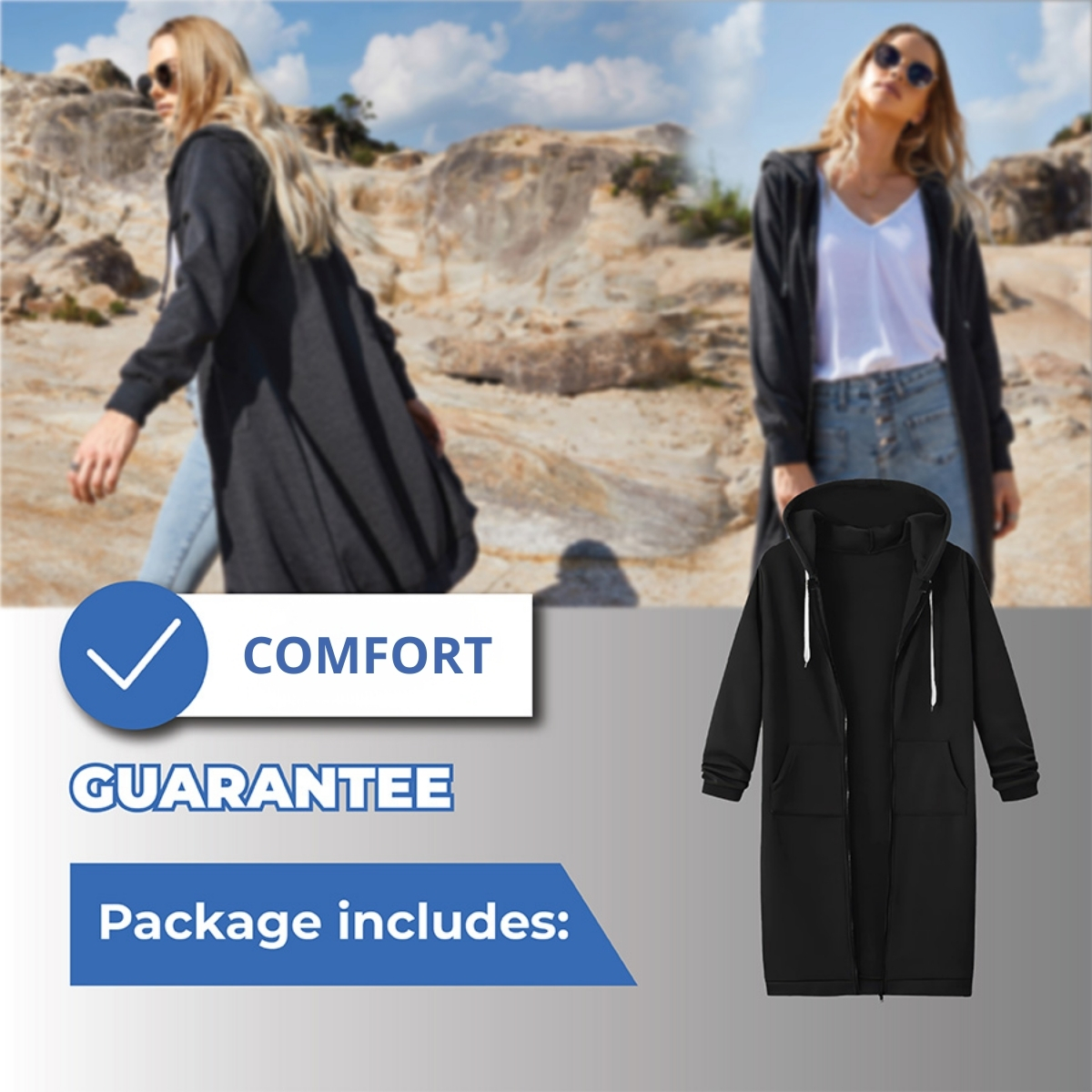 🎉 New Year Sale 50% OFF🎉 Long Fleece Zip-Up Hoodie Jacket for Women – Warm Knee-Length Winter Sweatshirt with Pockets