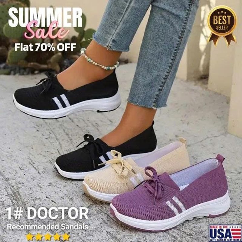 🔥Summer Best Seller🔥Women’s Breathable Knit Slip-On Sneakers with Bow – Lightweight Low-Top Casual Shoes in Beige & White for Everyday Comfort