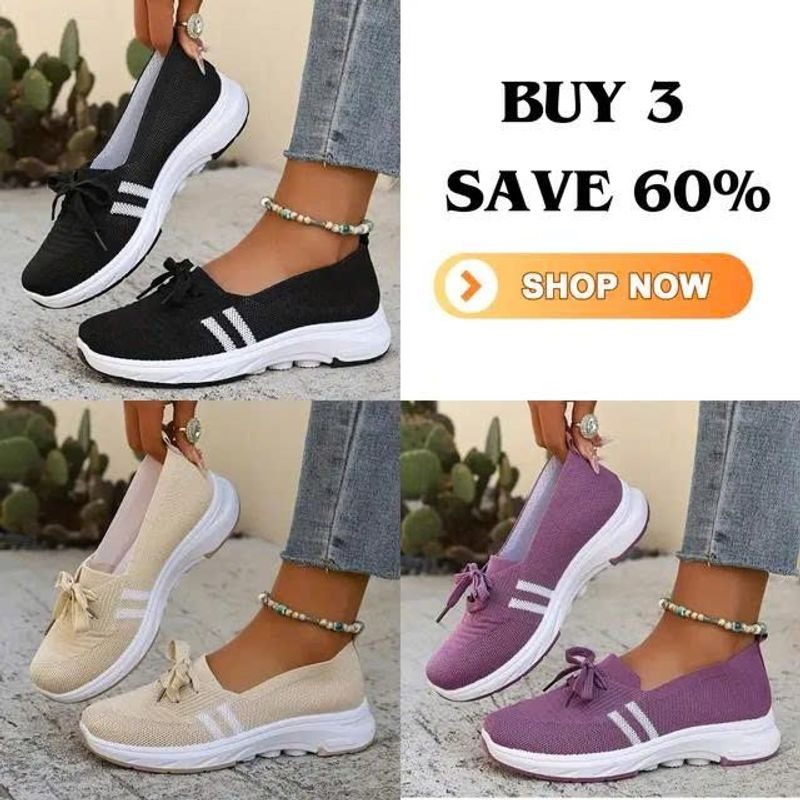 🔥Summer Best Seller🔥Women’s Breathable Knit Slip-On Sneakers with Bow – Lightweight Low-Top Casual Shoes in Beige & White for Everyday Comfort